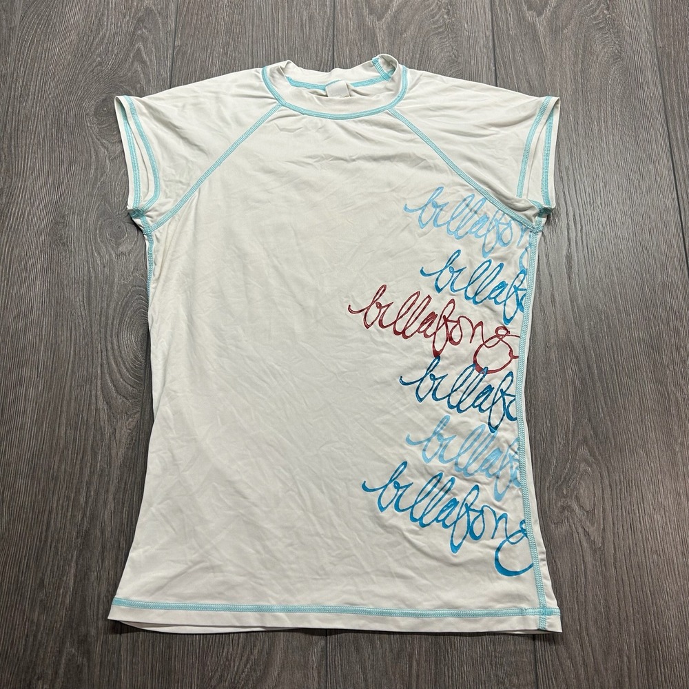 Billabong Womens Y2K Rash Guard Short Sleeve Large White Blue Logo Surf